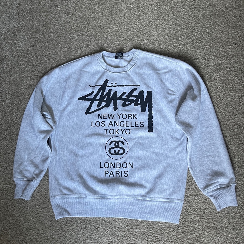 Stussy World Tour Crewneck Sweatshirt, Ash Heather, Size Medium